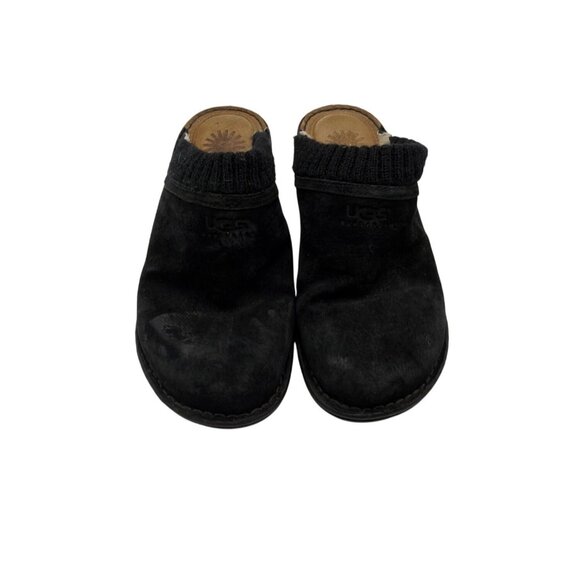 Ugg Knitted Cuff Shearling Lined Suede Wedge Mules Size 8 Black - Picture 2 of 9